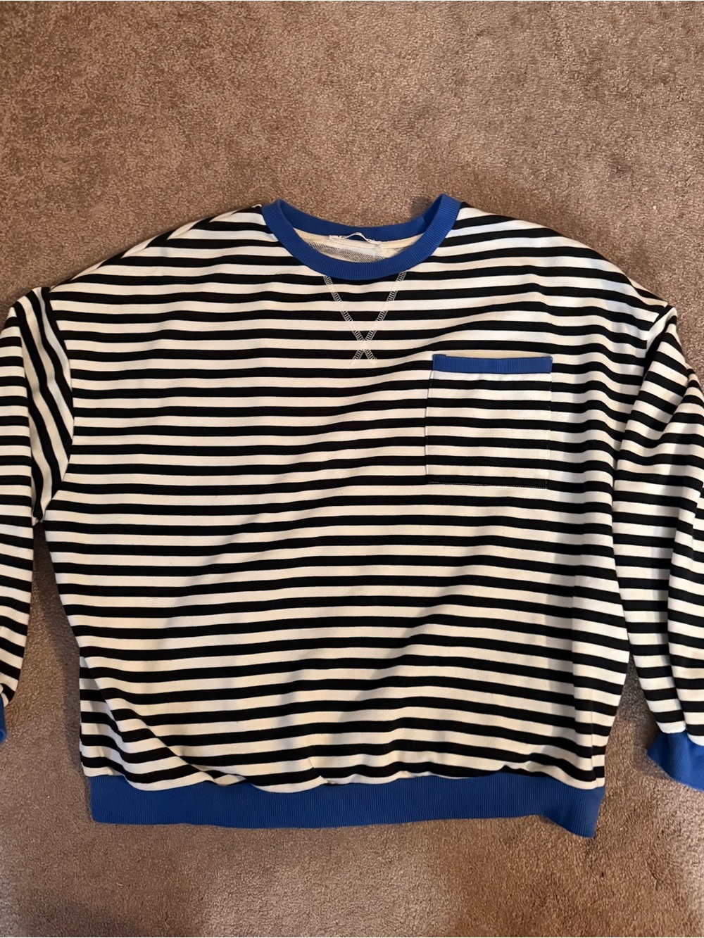 Women’s Black & White Striped Crew Neck with Cobalt Blue Trim